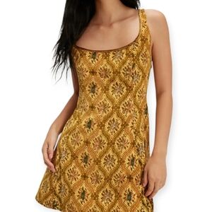 Free People Petal Tapestry Mini Dress Velvet Bow Ochre Combo Size L Large NWT